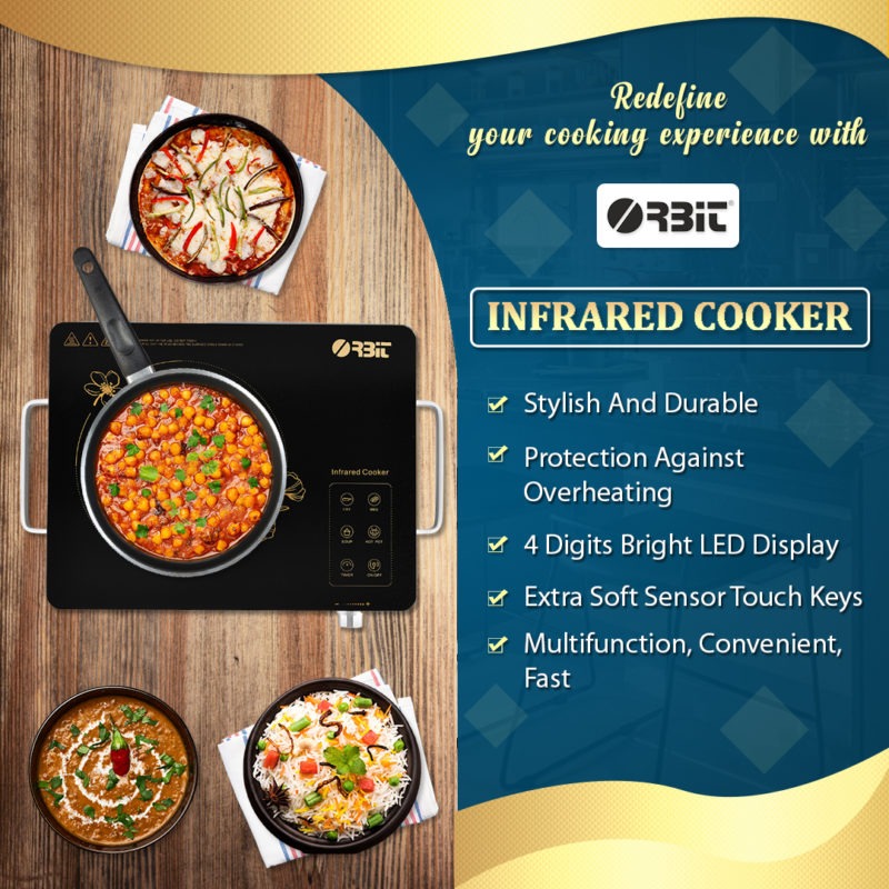 Orbit Infrared Induction Cooker (OIR-01), touch panel, 2200 Watts for all types of flat utensils can be used like glass, stainless steel, aluminium, ceramic etc. 1 year warranty
