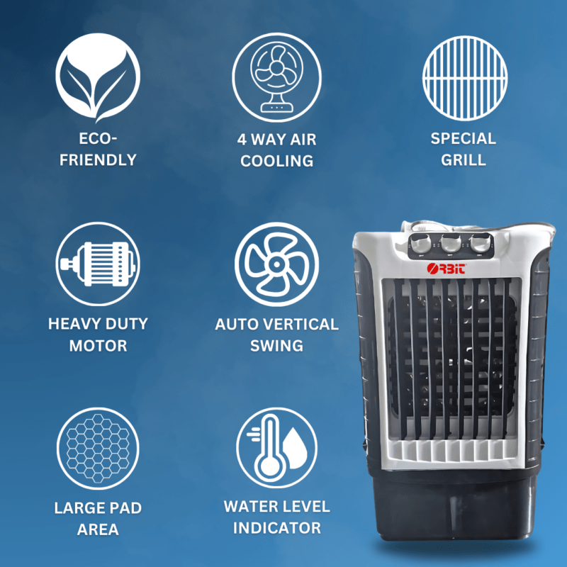 Orbit Premium Eco-Friendly Mini Air Cooler - Energy Saver with Auto Swing & 4-Way Cooling - 12L Water Tank Capacity, Portable, Works on Inverter, Powerful Air Flow (Grey Color)