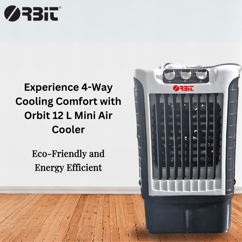 Orbit Premium Eco-Friendly Mini Air Cooler - Energy Saver with Auto Swing & 4-Way Cooling - 12L Water Tank Capacity, Portable, Works on Inverter, Powerful Air Flow (Grey Color)