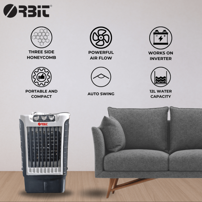 Orbit Premium Eco-Friendly Mini Air Cooler - Energy Saver with Auto Swing & 4-Way Cooling - 12L Water Tank Capacity, Portable, Works on Inverter, Powerful Air Flow (Grey Color)