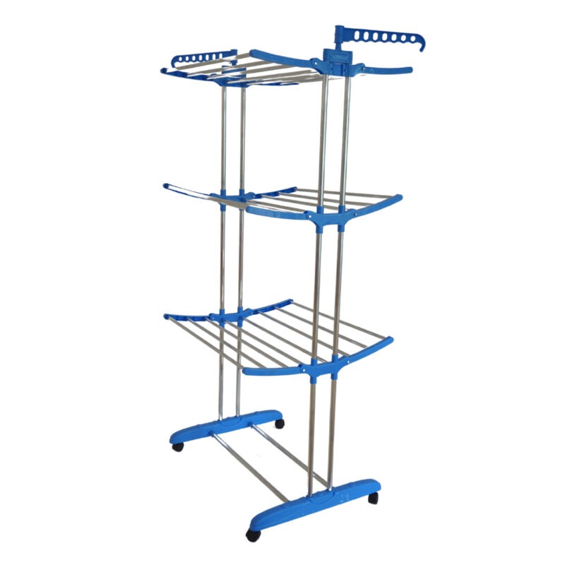 3 Tier Folding Clothes Drying Rack, Laundry Stand with Wheels, Blue