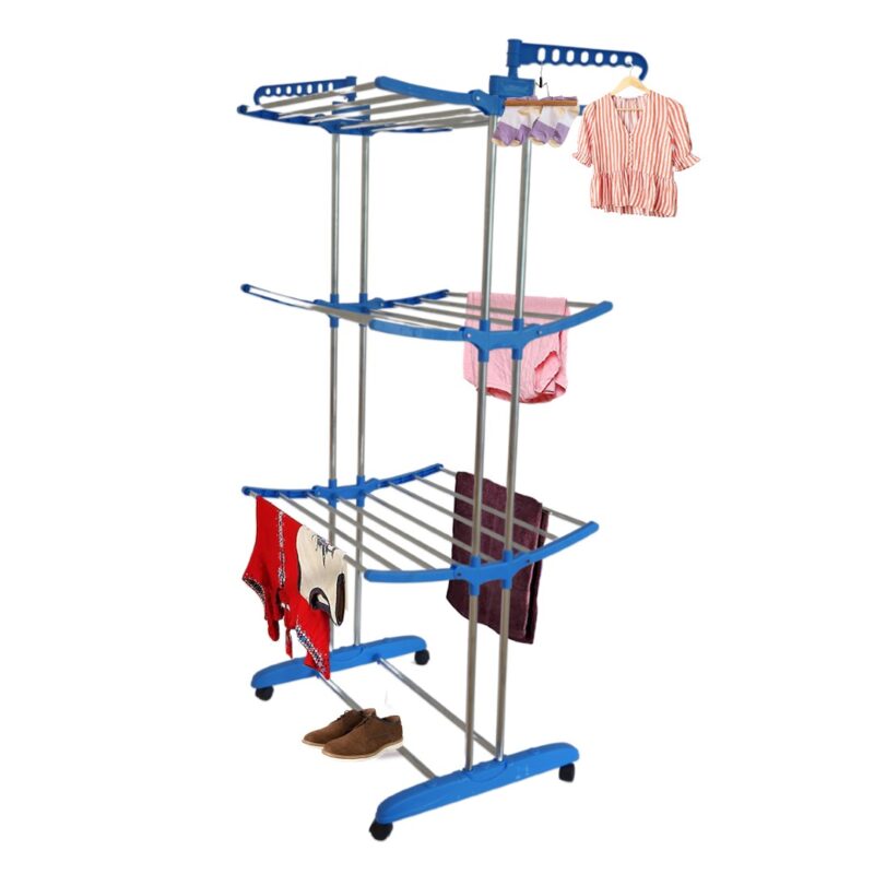 3 Tier Folding Clothes Drying Rack, Laundry Stand with Wheels, Blue