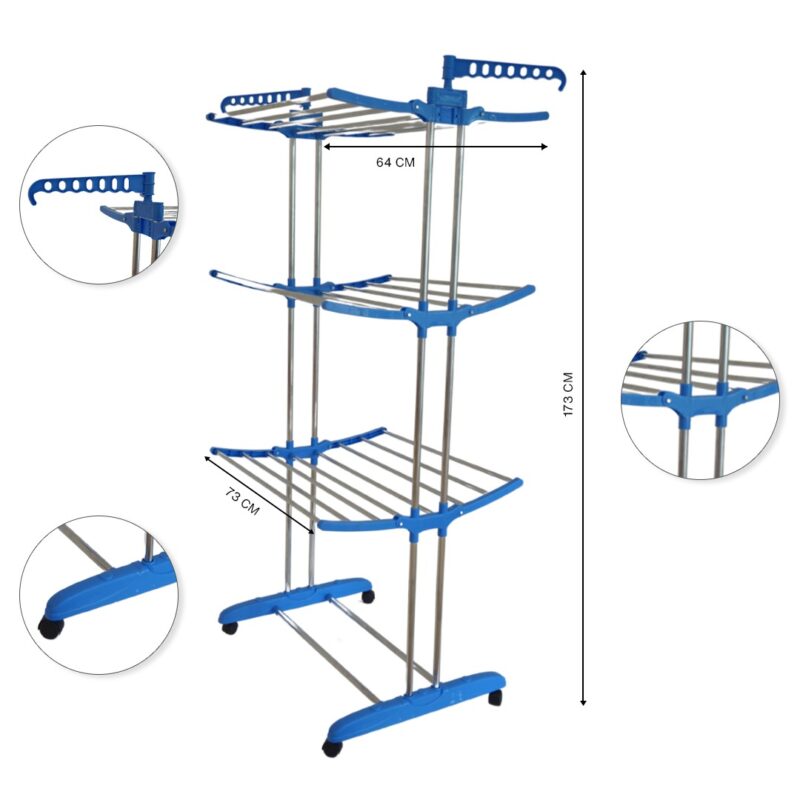 3 Tier Folding Clothes Drying Rack, Laundry Stand with Wheels, Blue