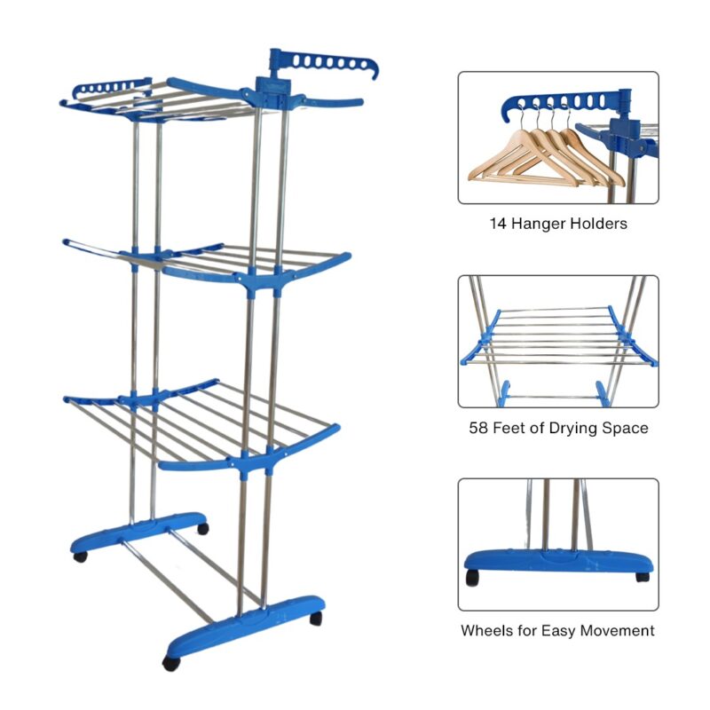 3 Tier Folding Clothes Drying Rack, Laundry Stand with Wheels, Blue