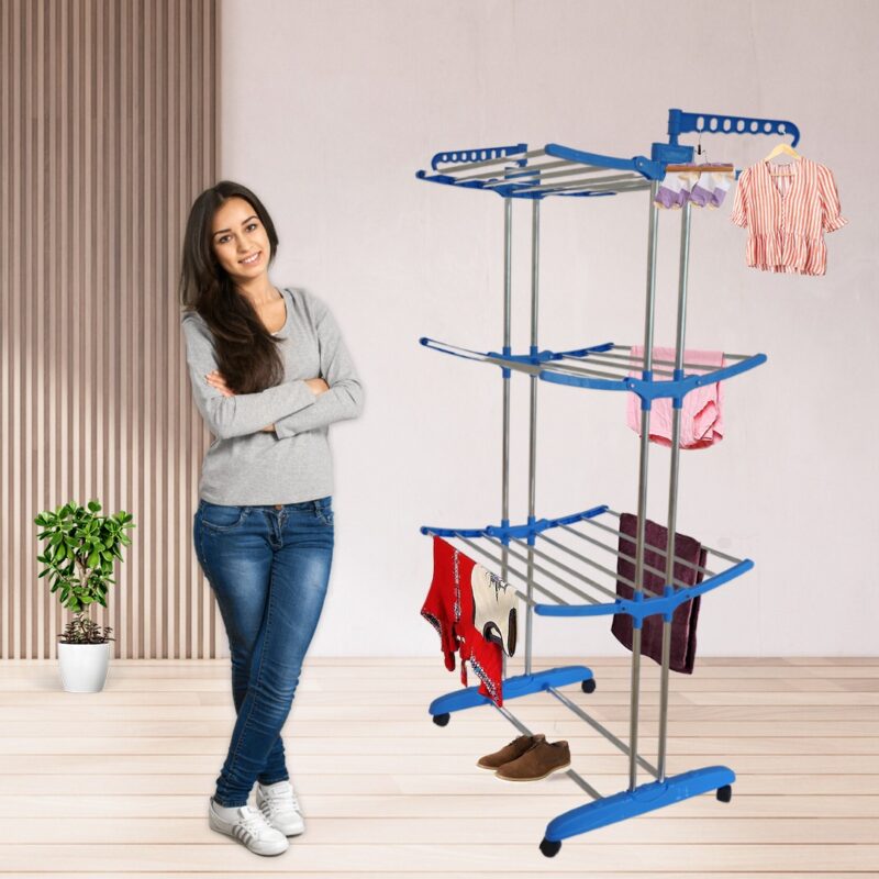 3 Tier Folding Clothes Drying Rack, Laundry Stand with Wheels, Blue