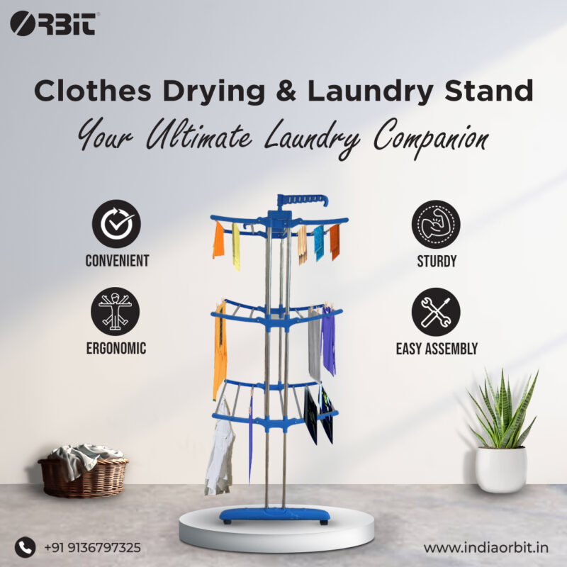 3 Tier Folding Clothes Drying Rack, Laundry Stand with Wheels, Blue