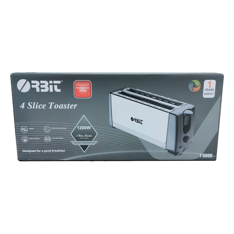 Orbit 4 slice Pop up Toaster, 1200 Watts, Stainless Steel, Cool Touch, Double-Sided Baking, Automatic Pop-Up, Slide-Out Crumb Tray