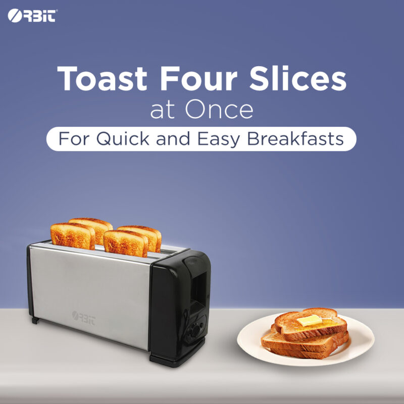 Orbit 4 slice Pop up Toaster, 1200 Watts, Stainless Steel, Cool Touch, Double-Sided Baking, Automatic Pop-Up, Slide-Out Crumb Tray