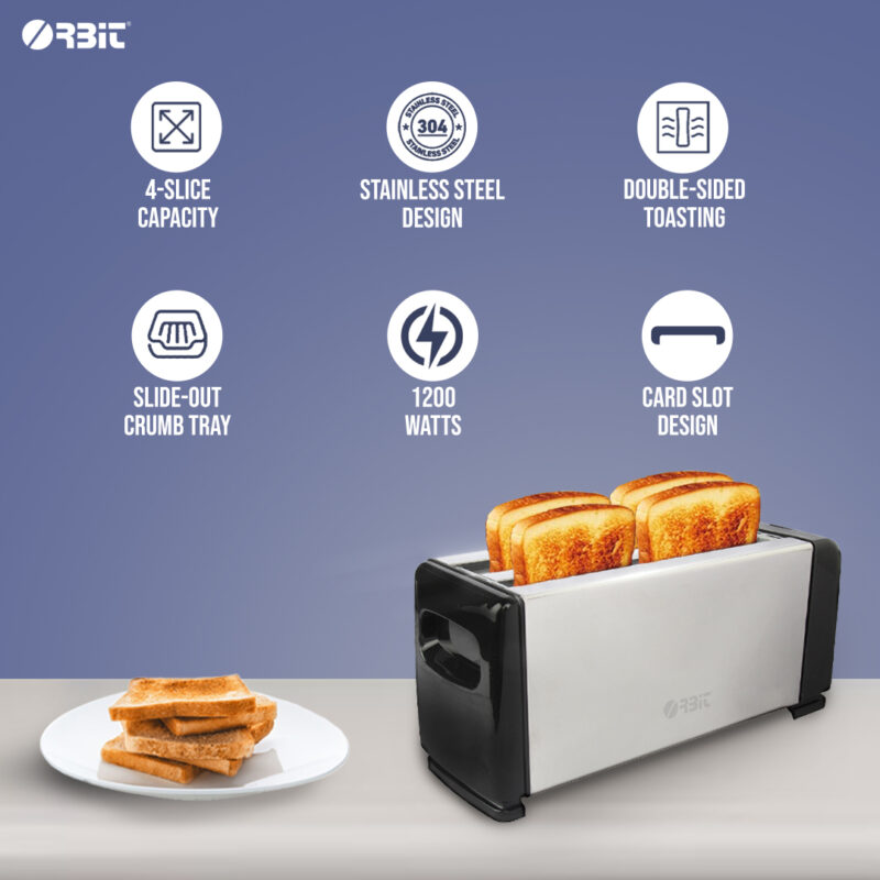Orbit 4 slice Pop up Toaster, 1200 Watts, Stainless Steel, Cool Touch, Double-Sided Baking, Automatic Pop-Up, Slide-Out Crumb Tray