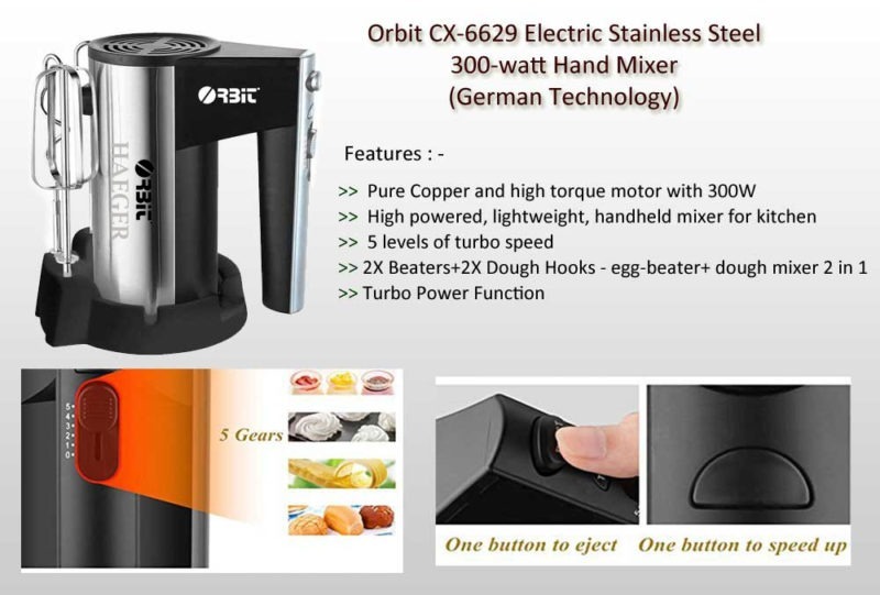 Orbit HG-6629 Electric Stainless Steel 450 Watt Hand Mixer