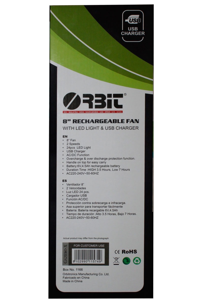 Orbit Gazebo-x 8" Rechargeable Table Fan With Led Light  & USB Charger